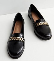 New Look Wide Fit Black Patent Chain Loafers